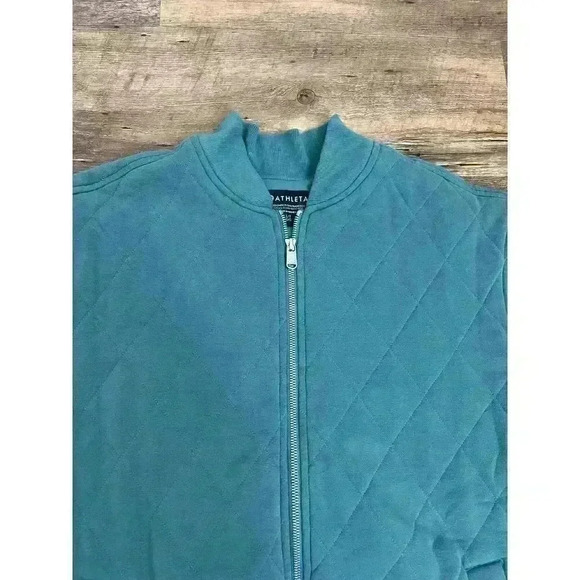 Athleta Retroplush Bomber Jacket Full Zip Women's L Tall Teal Quilted Cotton - Picture 2 of 12
